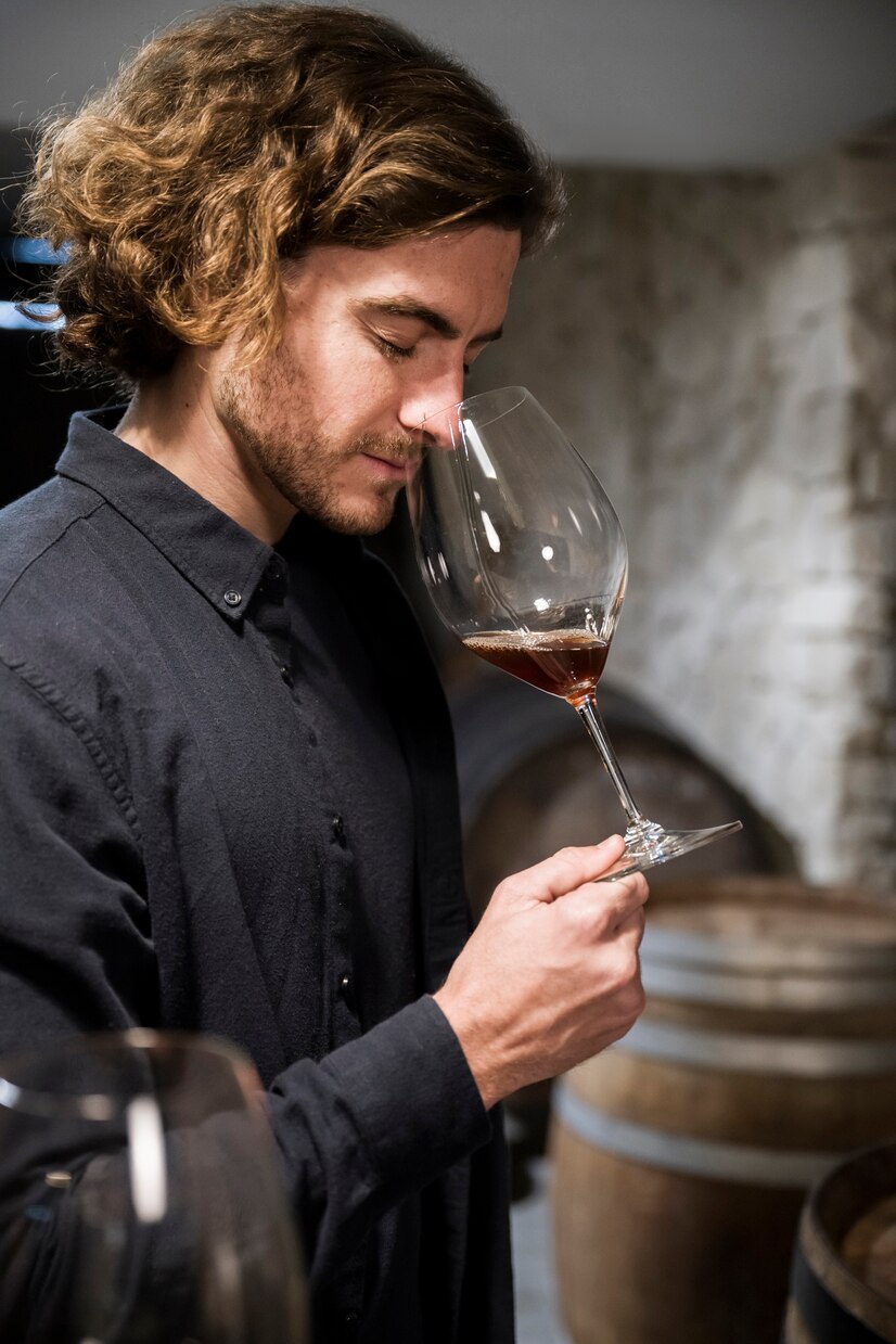 il déguste du vin les yeux fermer